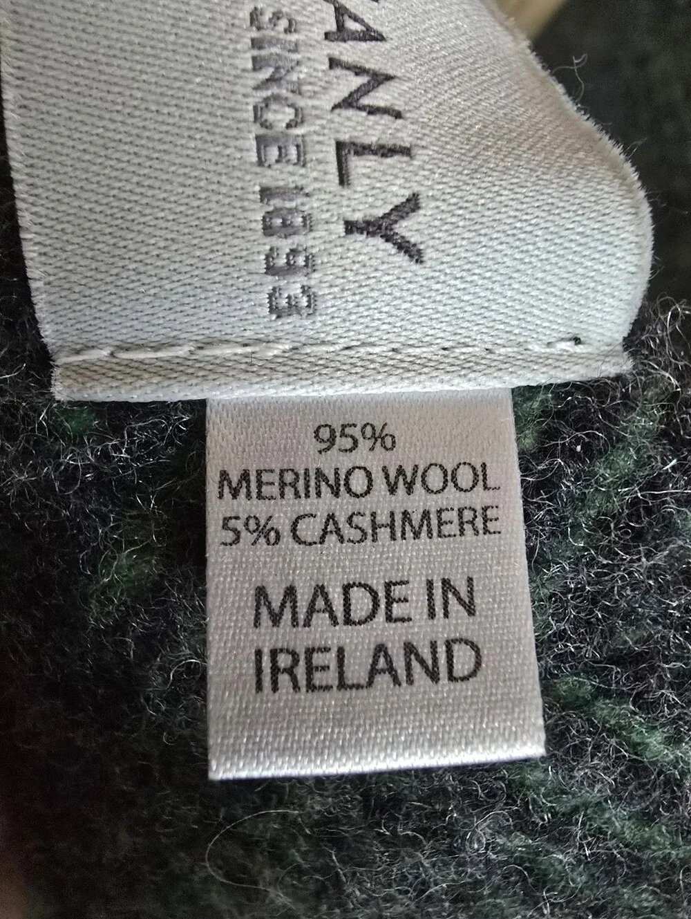 John Hanly 9x78 Irish Cashmere Merino Scarf Green Charcoal Herringbone